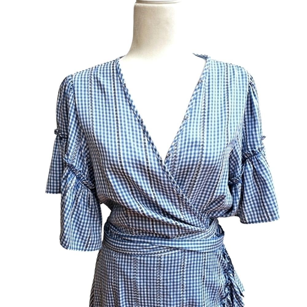 Max Studio Blue and White Gingham True Wrap Dress, Size Large - Picture 3 of 9
